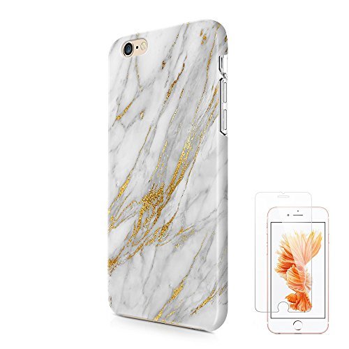 White Gold (Not Real Glitter) Marble iPhone 6 6S Case iPhone 6 case uCOLOR Nature Dual Layer Hard PC + Soft TPU Tough Case for iPhone 6 6S-with Slim Tempered Glass Screen Protector