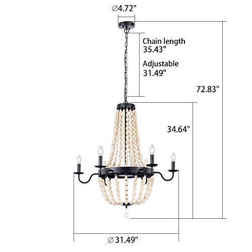 Wellmet 32 Inch Wood Beaded Chandelier, 6 Lights Farmhouse Chandelier Crystals, Boho Light Fixture Ceiling For Bedroom Foyer Dining Room, French Empire Pendant Lighting Black Finish And White Beads #TOP2