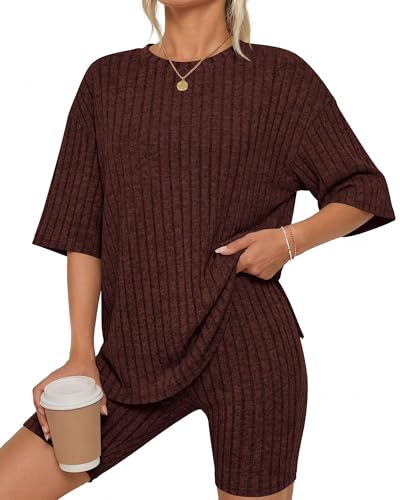 Image of KIRUNDO Short Sets For Women Summer 2 Piece Matching Lounge Sets Casual Rib Knit Tshirts Biker Shorts Beach Vacation Outfits