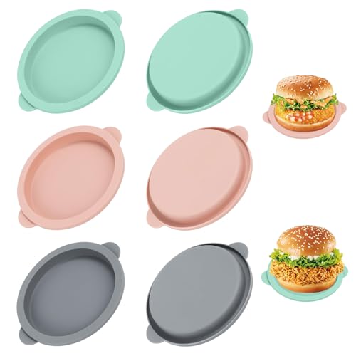 Sekfpnk Lot de 6 moules à œufs ronds en silicone - Diamètre : 10 cm - Pour friteuse à air chaud - Convient pour les petits pains à hamburger, les sandwichs aux œufs (vert, rose, gris)