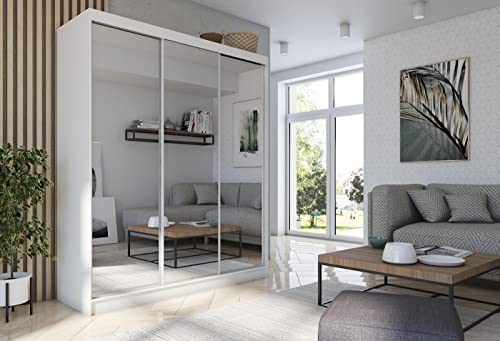 WFL GROUP Moderner Kleiderschrank Schwebetürenschrank Weiß mit Spiegel 120 150 180 200 cm - Weiß Matt Kleiderschrank für Schlafzimmer mit Schiebetüren - Kleiderstange - 180 cm - Weiß Cover