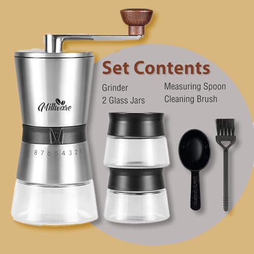 Millware Manual Coffee Grinder Set with 8 Adjustable Coarseness, Hand Mill Conical Burr for Espresso Beans, French Press, Pour Over, Drip Rustproof, 2 glass jars, spoon, brush, Silver, 180x90x210mm