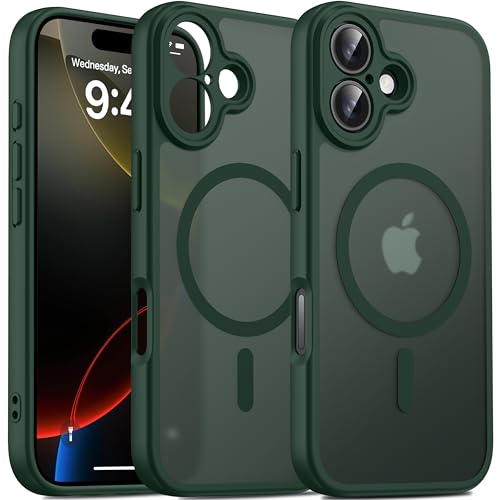 Image of Oterkin Magnetic for iPhone 17 Case Matte,Upgraded Full Camera Protection Compatible with MagSafe Frosted Translucent Shockproof Anti-Scratch Slim Fit Case Military Grade Protection (Dark Green)