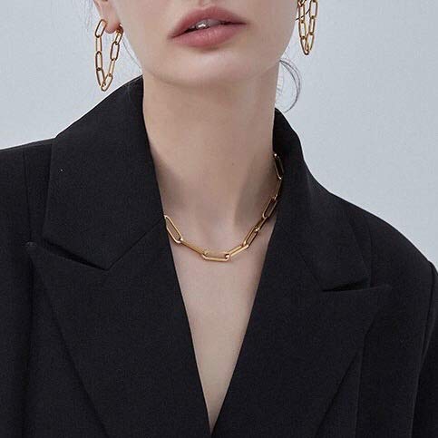 Shapes Studio 18K Gold Plated Titanium Thick Paperclip Chain Necklace, Minimalist Style, Bold Chunky Paper Clip Chain Necklace, Short Necklace, Never Tarnish(40Cm) #TOP3