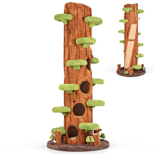 Image of PETSITE 90.5 Inch Tall Cat Tree, Tree-Like Modern Cat Tower with Sisal Scratching Pad, Five Cat Condos, Cute Hanging and Spring Toys, Large Cat Tree Tower for Indoor Cats (Brown)