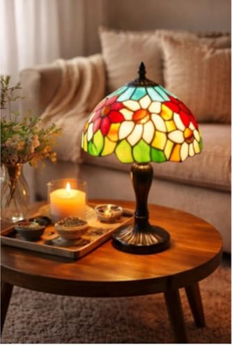 Image of Stained Glass Table Lamp, Multicolor Glass Shade, Bronze Base (Design - 14), Free Bulb- 3 Color Option- Warm White, Cool White and Natural