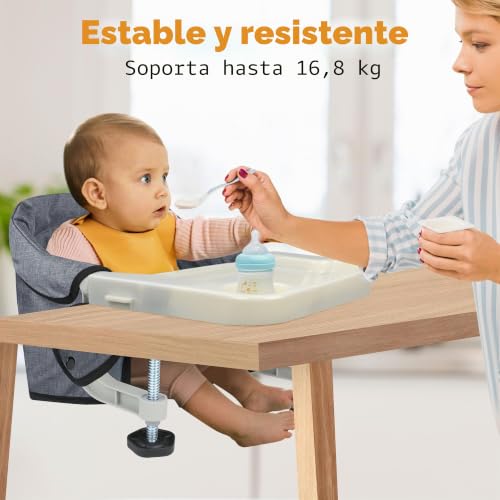 Miniatura 4 de Gancho En Silla, Clip En Trona Con Bandeja Extraíble, Asiento De Alimentación Portátil Plegable Almacenamiento Fácil, Sujetar Rápido A Mesa Silla Gris