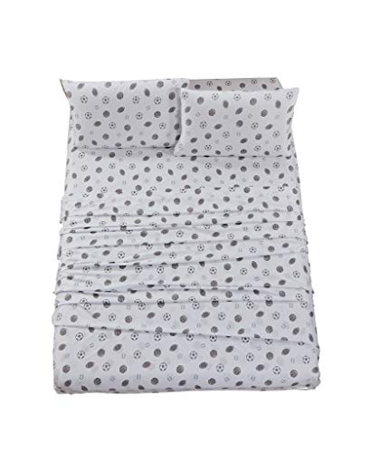 Chezmoi Collection 4-Piece Kids/Teens Sports Sheet Set - Soft Microfiber White Gray Baseball Basketball Football Soccer, Full Size #TOP3