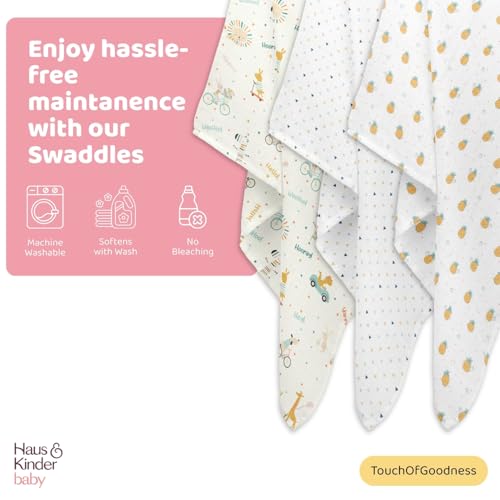 Image of haus & kinder 100% Cotton Muslin Swaddle Wrap for New Born Baby | Pack of 3 (120x120 cm) | Baby Blanket & Swaddles for Newborn | Jungle Party Collection