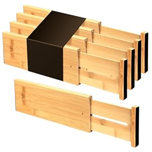 Utoplike 4 Pcs Bamboo Raised Drawer Divider, Adjustable Drawer Organiser, Wooden Spring Loaded Inserts, for Utensils, Cosmetics in Kitchen, Bathroom and Bedroom Drawers
