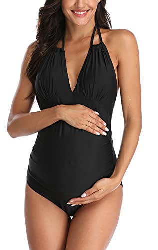 Summersunshine Maternity One Piece Halter Swimwear Pregnancy V-Neck Bathing Suit Maternity Beach Wear Bikini Solid Black Xx-Large #TOP11