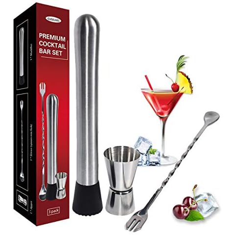 Professional Grade Bar Tool,Mojito Muddler Bar Tool Set,Durable Muddler Pestle, Stainless Steel Muddler Bar Tool, Cocktail Muddler Mixed Spoon, Muddler Pestle Grooved Nylon Head(3PACK) Cover