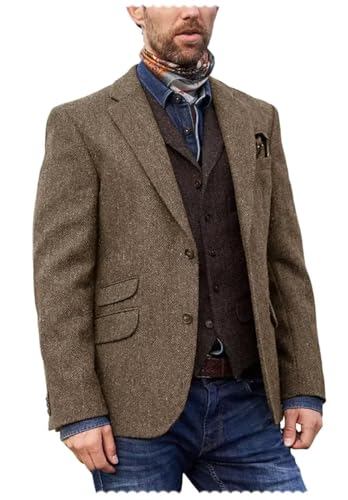 Men's Vintage Tweed Blend Blazer 2-Button Formal Herringbone Sports Jacket with Pockets4