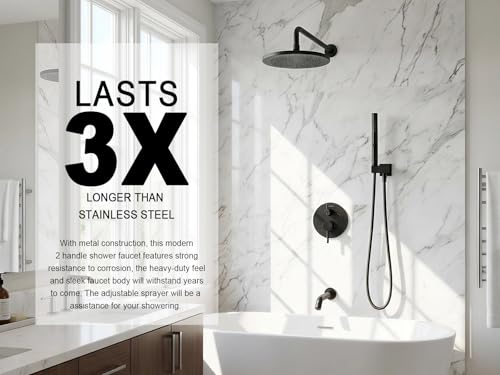 Image of Lava Odoro Modern 3-Setting Round Rain Bathtub and Shower Faucet Set, Black Rainfall Shower Head and Handle Set, Rain Shower System with Tub Spout, Shower Valve Trim Kit, Matte Black, SF104-MB-T