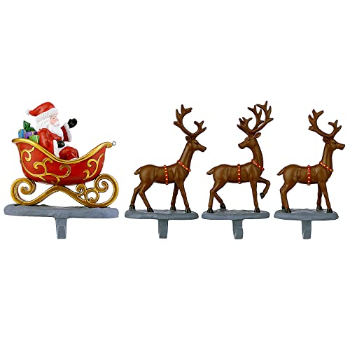 Wbhome Christmas Stocking Holder Set Of 4, Reindeer & Red Santa's Sleigh Pattern Hanger For Fireplace Mantel Or Shelf, Adjustable Multi-Use Stocking Hooks For Christmas Party Decorations #TOP15