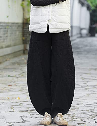 NFYM Women Quilted Pants Winter Warm Thick Cotton Linen Casual Wide Leg Elastic Waist Pocket Lantern Trousers3