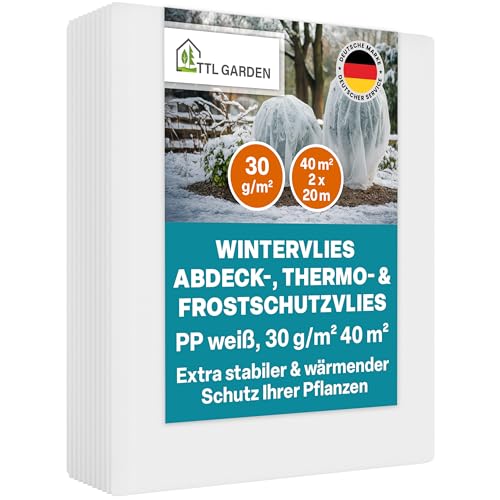 TTL Garden Toison non-tissée pour plate-bande 30 g/m², 40 m², 2 x 20 m, blanche, stable, indéchirable, respirante, protection contre le gel et les parasites