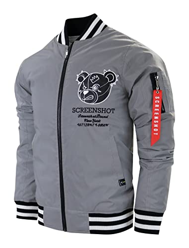 SCREENSHOT-J5115 Hip-Hop Urban NYC Fashion Padded Bomber Jacket - Quilted Linning Modern Outdoor Streetwear Black Teddy Bear Head Graffiti Patch Zip Up Top-Reflective-Large