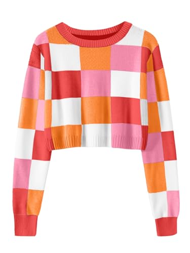 Girls Fall Winter Crop Tops 2026 Sweater Teen Fashion School Cute Long Sleeve Colorblock Kids Knit Sweaters Pullover Red