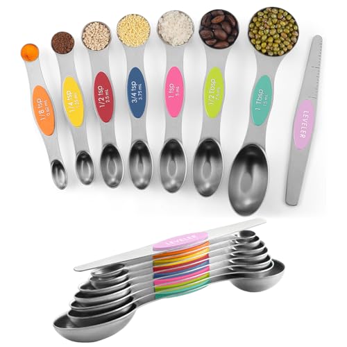 Pack of 8 Stainless Steel Magnetic Measuring Spoons Set, Dual Sided, Stackable, Adjustable Teaspoon and Tablespoon Measure Spoon with Leveler, Kitchen Gadgets