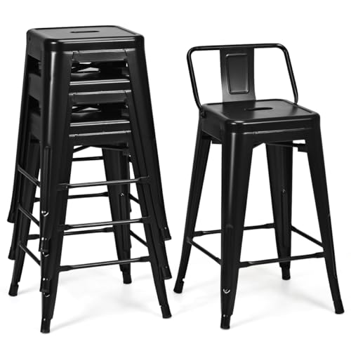 RELAX4LIFE Tabouret de Bar Lot de 4 avec Dossier Amovible, Chaise de Bar Empilable en Métal avec Repose-Pieds, Tabouret Haut Tolix, Assise 62 CM, Charge 150...