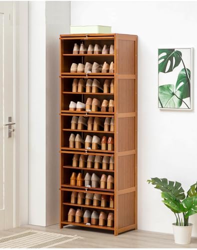Tall Bamboo Shoe Storage Cabinet - 10 Tier Free Standing Shoe Rack with Clear Flip Doors, Holds 40 Pairs - Stylish Entryway Organizer, Brown, 31.5" L