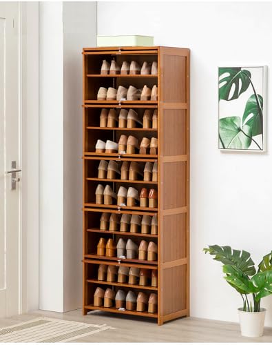 LOYALHEARTDY 10 Tier Tall Bamboo Shoe Storage Cabinet, Free Standing Shoe Shelf Storage Rack with Flip Doors,Shoes Heels Storage Cabinet Organizer for 20 Pairs Home Entryway Hallway,Brown,23.6'' L