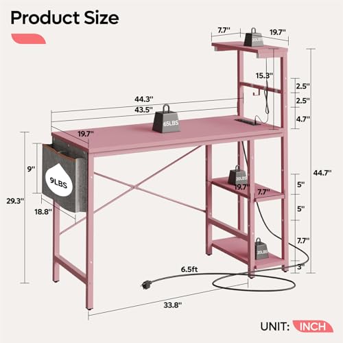 Image of Bestier Pink Gaming Desk with Power Outlets, 44 Inch Led Gamer Desk with 4 Tiers Reversible Shelves, Computer Desk with Headset Hook & Side Storage Bag for Bedroom (Pink 3D Carbon Fiber)