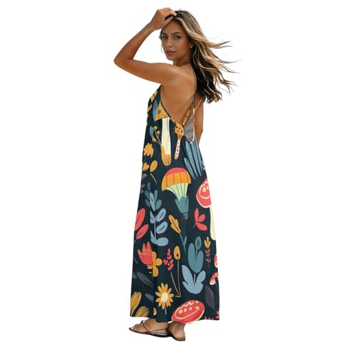 Robe longue dos nu motif champignon de dessin animé avec fines bretelles