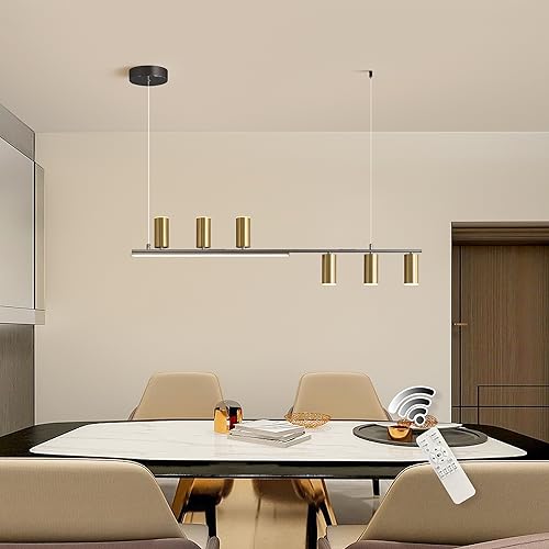 GEADI Lustre LED Dimmable, 110cm Lustres modernes en noir et or avec télécommande, 40W 6-Light Linear Pendentif Salle à manger Suspension pour cuisine Isola Dinning Table Restaurant