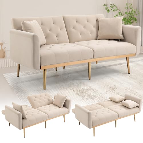 Sofá de terciopelo Loveseat con capitoné, sofá cama futón convertible con acento, patas de metal doradas, 2 cojines, estilo moderno de mediados de siglo, para sala de estar y dormitorio, beis