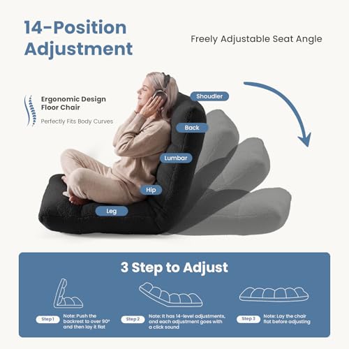Image of DUMOS Folding Floor Chair with Back Support, Adjustable 14-Position Floor Seating with Comfy Teddy Velvet for Adults & Kids, Reading, Gaming, Meditation, Watching, Black