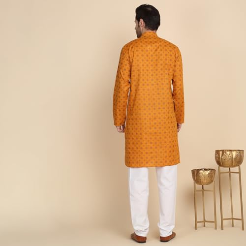 Image of KRAFT INDIA Men's Cotton Blend Geometric Printed Straight Long Regular Kurta and Elastic Waistband Pyjama Set