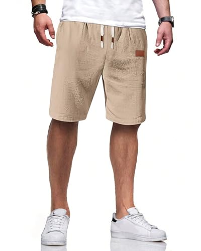 HMIYA Kurze Hosen Herren Baumwolle Leinen Shorts Leichte Sommershorts Atmungsaktiv Leinenhose Kurz mit Taschen(Hellkhaki EU-L)