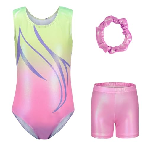 s.lemon Conjunto de 3 Piezas Maillot Gimnasia Ritmica Niña, Brillante, sins Mangas Ropa Gimnasia Ritmica con Pantalón corto y Diadema, Monos de Ballet Degradados 5-6Y