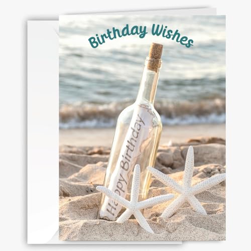 Message in a Bottle Birthday Greeting Card - Heartfelt Sentiment Inside – Unique Inspirational Photographic Card for Ocean, Beach & Nature Lovers, Romantic & Adventurous, Dreamers & Explorers - Peaceful scene - Larger size 5x7 inch