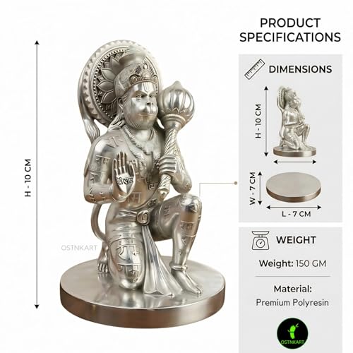 Image of Hanuman Ji Murti for Car Dashboard - 4 Inch Silver Polyresin Idol | Bajrangbali Statue for Home, Office & Mandir | Spiritual Showpiece | Housewarming, Birthday, Diwali Gift