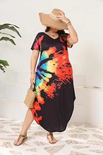Image of Women's Plus Size Maxi Dresses V Neck Casual Short Sleeve Loose Pocket Slits Long Dress XL-5XL