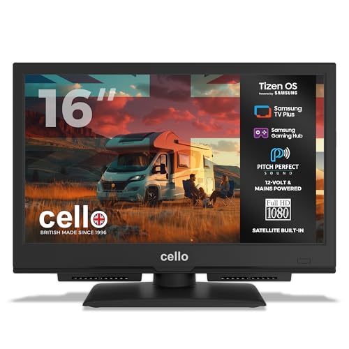 Image of Cello CTRAV-16TZ Traveller 16" 12V Smart TV, Made in the UK – Tizen OS FreeSat, Bluetooth, Pitch Perfect Sound, Prime Video, Apple, BBC – Ideal for Campervans, HGVs & Boats