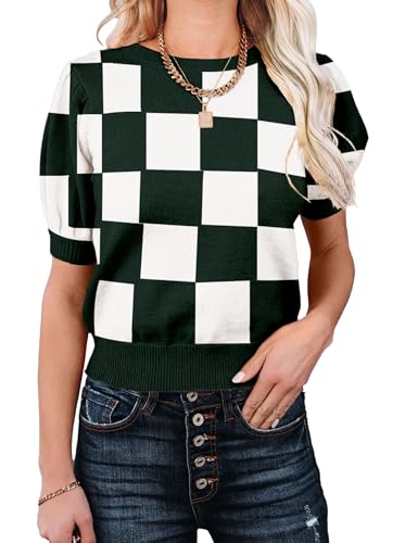 Image of Womens Puff Short Sleeve Sweater Tops Crewneck Basic Knit Pullover Lightweight Casual Sweaters