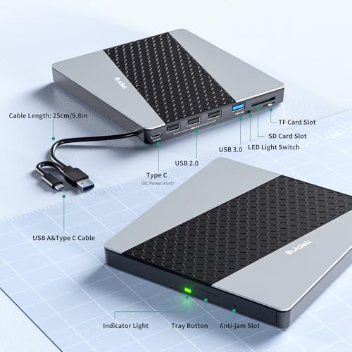 Image of SUIDEK External CD DVD Drive, USB 3.0 USB C Portable CD DVD Drive for PC | + /-RW Burner DVD Player for Laptop with SD /Micro SD Card Reader 8 in 1 Hub Compatible with Laptop Mac PC Windows Linux