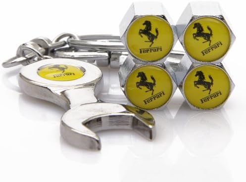 Yellow Ferrari Tire Valve Caps with Bonus Wrench Keychain