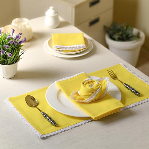 Image of FINGERCRAFT Lace Trim Cloth Napkins Set of 6, 20x20 Inch Cotton Linen Blend Dinner Napkins, Reusable Washable Table Napkins for Wedding, Farmhouse Dining, Parties & Home Decor (Lemon)