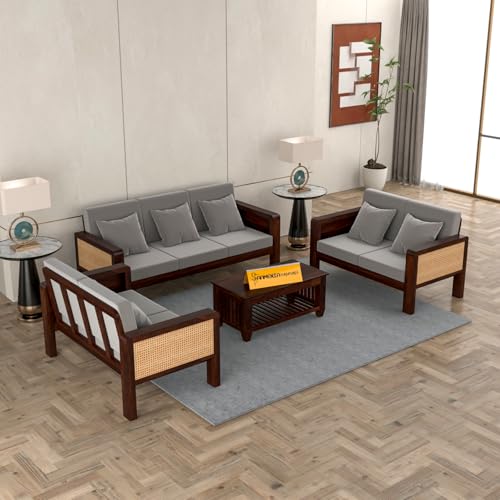Image of Sheesham Wooden 7 Seater Sofa for Living Room | Solid Wood Sofa with Cane Side Panel | Rosewood Sofa Set for Home & Office | Lounge (Walnut Finish, 3+2+2 Seater)
