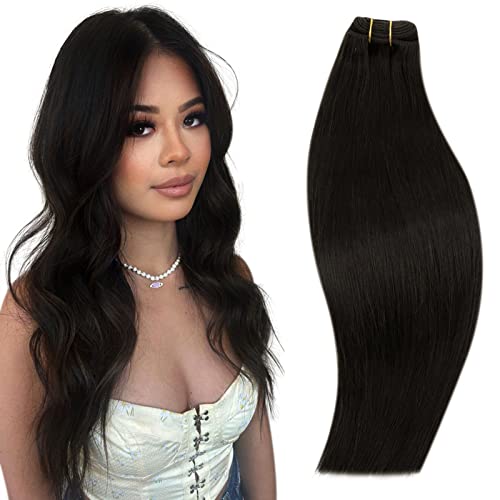 RUNATURE Sew in Weft Hair Extensions Human Hair Black Sew in Hair Extensions Human Hair 18 Inch 100g Double Wefted Bundles Extensions Real Human Hair Weave Extensions