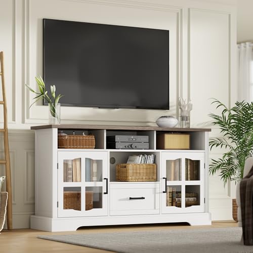 ChooChoo Farmhouse TV Stand for 75 Inch TV, Modern Entertainment Center with Glass Cabinet Doors, TV Console with Adjustable Shelves, White