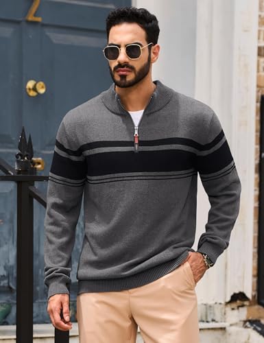 TACVASEN Mens Quarter Zip Jumper Long Sleeved Mock Neck Pullover Casual Winter Sweater Knitted Turtleneck Sweater Dark Grey, XXL