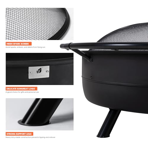 Image of SUNCREAT 42 inch Outdoor Portable Fire Pit with Spark Screen, Fire Poker, Wood Burning Patio Fire Pits with Protective Ring, Black
