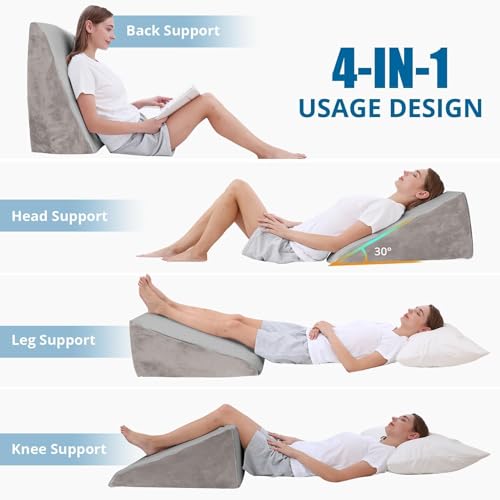 Image of Sasttie Wedge Pillow 24x24x12 inch, Memory Foam Bed Wedge, Solid Warm Gray | Triangle Pillow for Sleeping, Acid Reflux, Back Pain, Post-Surgery, and Snoring, Designed with Removable Washable Cover
