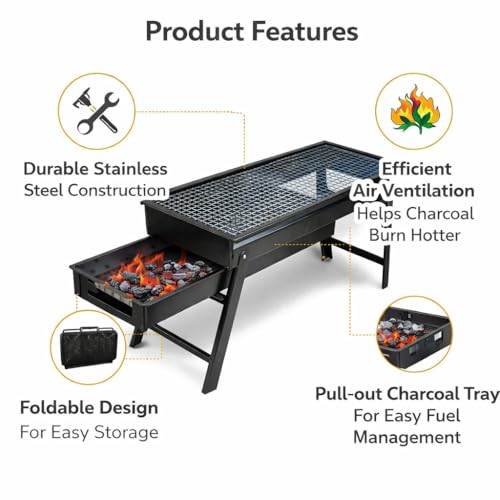 Image of Folding Portable Barbecue Grill Set for Outdoor Cooking | Stainless Steel Charcoal BBQ Grill for Camping, Picnic and Home Use | Compact Foldable Barbeque for Travel and Terrace